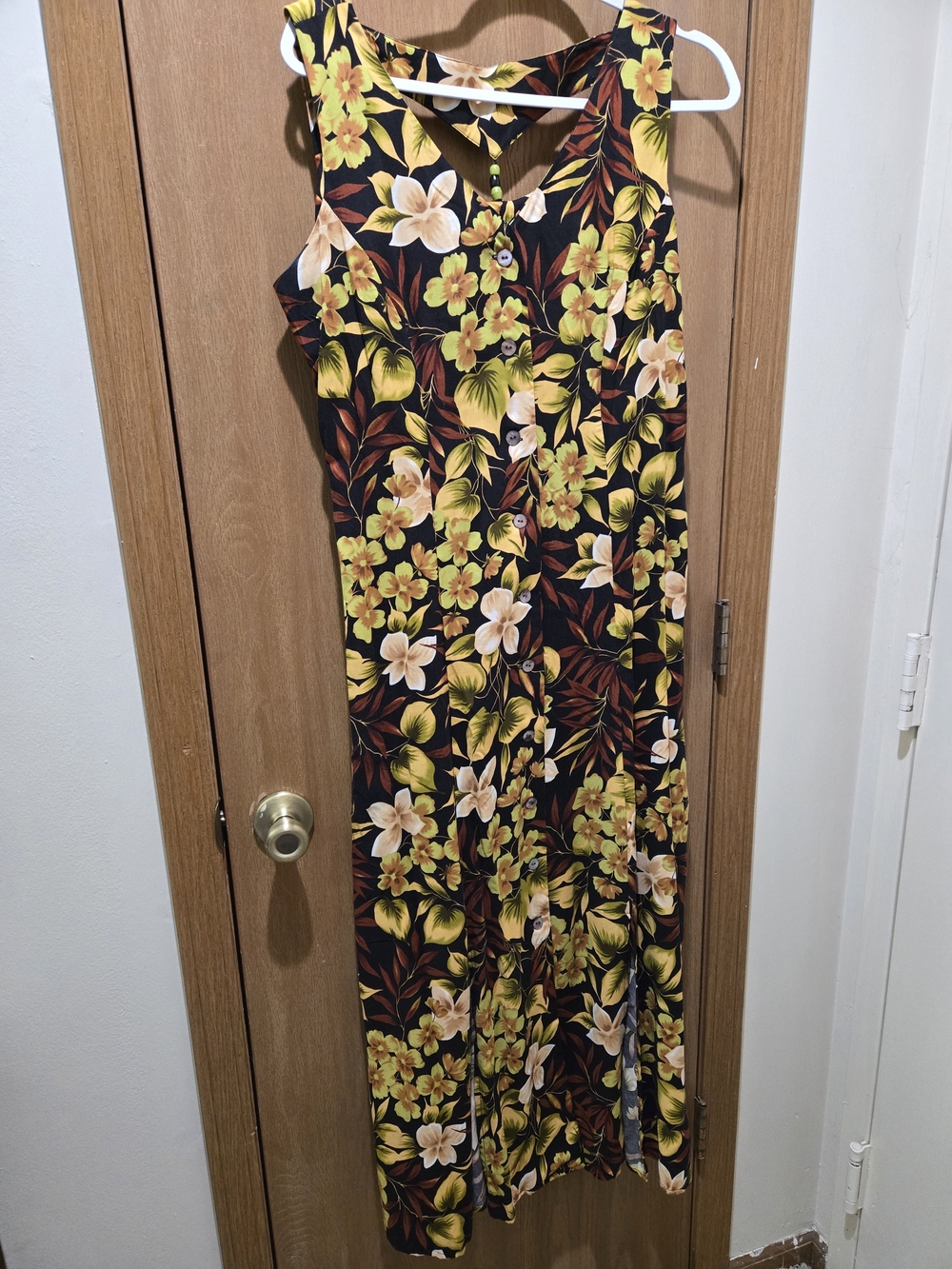 Vintage 90s SCARLETT Tropical Floral Rayon Maxi Dress Wood Bead Detail Size 12